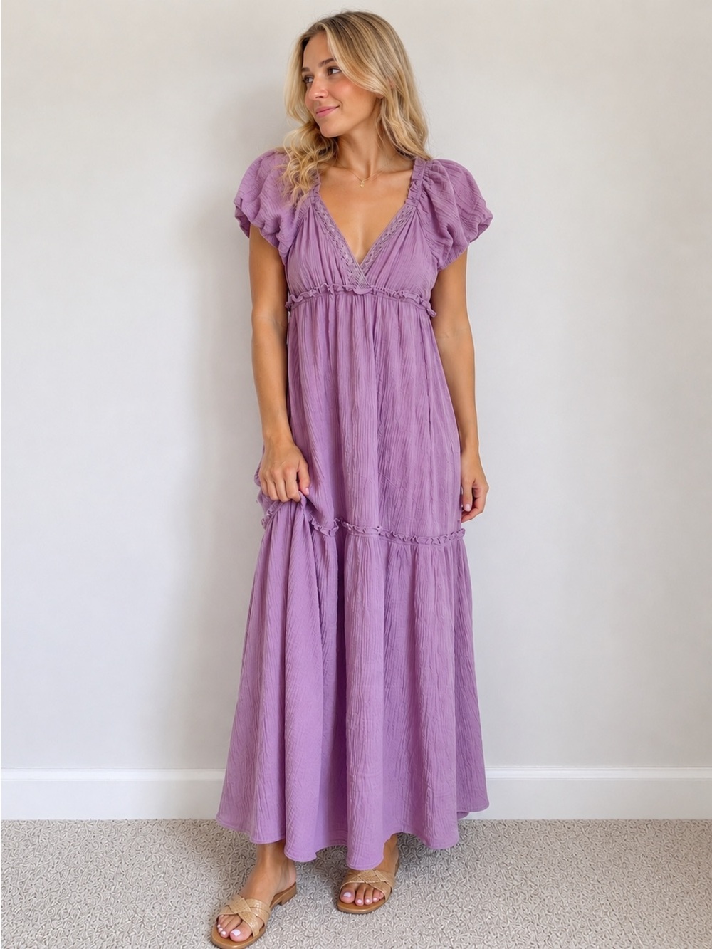 Listicle Lavender Purple Ruched Ruffled Maxi Sundress Size Small NWT